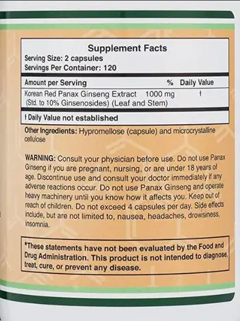 Double Wood Supplements Korean Panax Ginseng 1000 мг Корейски Женшен - 240 капсули за 4 месеца прием, 120 дози
