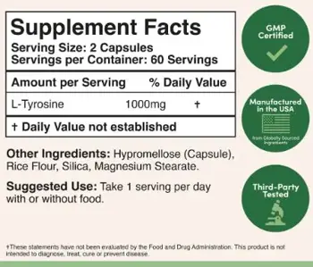 Double Wood Supplements L-Tyrosine 500 мг Щитовидна Жлеза и Мозъчна Функция - 120 капсули за 2 месеца прием, 60 дози