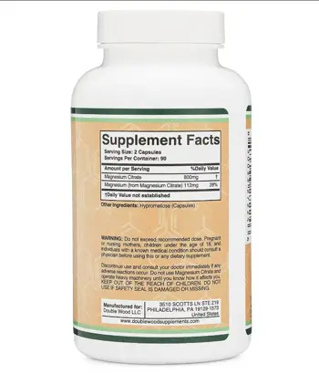 Double Wood Supplements Magnesium Citrate 800 мг Нервна Система и Мускулатура Магнезий Цитрат - 180 капсули за 3 месеца прием, 90 дози