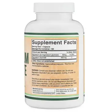 Double Wood Supplements Magnesium Glycinate 400 мг Нервна и Мускулна Функция Магнезий (глицинат/бисглицинат) - 180 веге капсули за 3 месеца прием, 180 дози