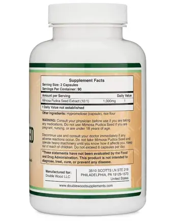 Double Wood Supplements Mimosa Pudica 1000 мг Мимоза Пудика (семена) - 180 капсули за 3 месеца прием, 90 дози