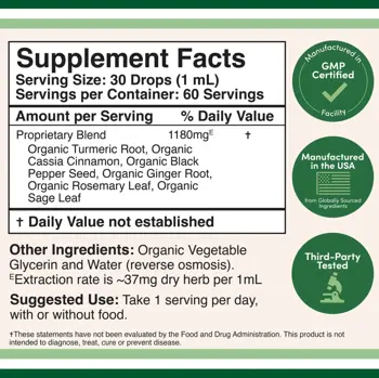 Double Wood Supplements Organic Turmeric Drops Куркума + Черен Пипер, Джинджифил, Розмарин, Канела и Салвия - 60 мл капки, 60 дози