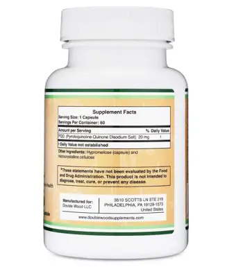 Double Wood Supplements PQQ 20 мг Pyrroloquinoline Quinone Пиролинквинолин - 60 капсули за 2 месеца прием, 60 дози