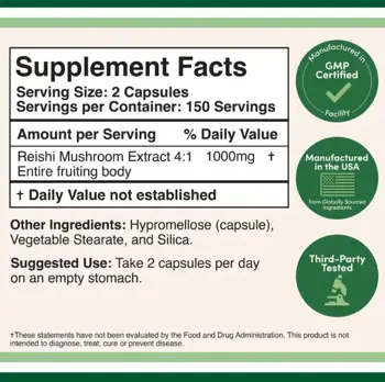 Double Wood Supplements Reishi Mushroom Extract 500 мг Рейши Подкрепа за Имунната Система и Адаптация Към Стрес - 300 капсули, 150 дози