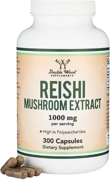Double Wood Supplements Reishi Mushroom Extract 500 мг Рейши Подкрепа за Имунната Система и Адаптация Към Стрес - 300 капсули, 150 дози