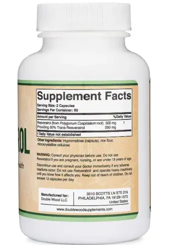 Double Wood Supplements Resveratrol 250 мг Ресвератрол - 120 капсули за 2 месеца прием, 60 дози