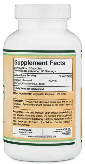 Double Wood Supplements Shatavari 500 мг Хормонален Дисбаланс Шатавари (корен) - 180 капсули за 3 месеца прием, 90 дози