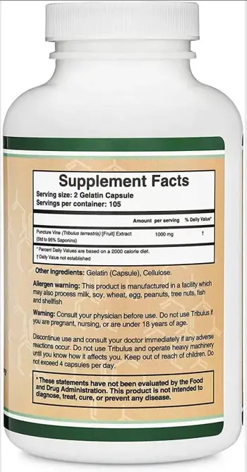 Double Wood Supplements Tribulus Extract 1000 мг Бабини Зъби Екстракт - 210 капсули за 105 дни прием, 105 дози