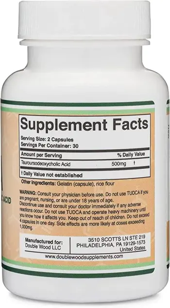 Double Wood Supplements TUDCA (Tauroursodeoxycholic Acid) 500 мг Тауроурсодезоксихолова Киселина - 60 капсули, 30 дози
