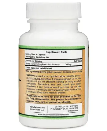 Double Wood Supplements Uridine 300 мг Уридин Монофосфат - 60 капсули за 2 месеца прием, 60 дози