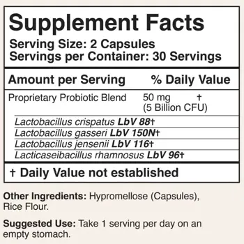 Double Wood Supplements Vaginal Probiotic 5 Billion Active Cells Пробиотик за Жени за Здрава Вагинална Флора, 5 млрд. Активни Пробиотици - 60 капсули, 30 дози