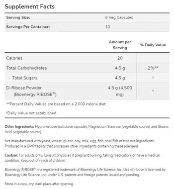 NOW Foods D-Ribose 750 мг Рибоза - 120 веге капсули, 20 дози