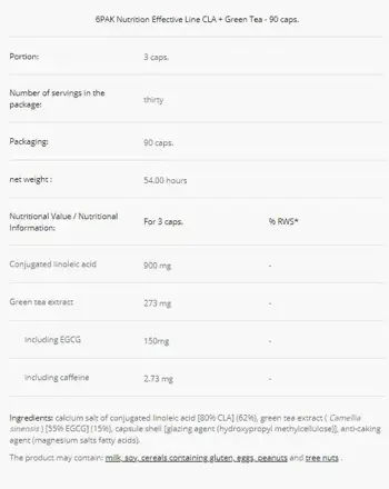 6PAK Nutrition CLA + Green Tea Kонюгирана Линолова Киселина + Зелен Чай - 90 капсули, 30 дози