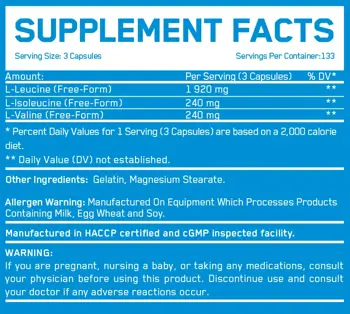 EVERBUILD BCAA 8:1:1 800 мг L-Левцин, L-Изолевцин, L-Валин - 400 капсули, 133 дози