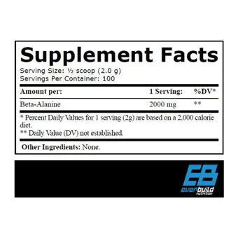 EVERBUILD Beta-Alanine 2000 мг Бета-Аланин на Прах - 200 грама, 100 дози