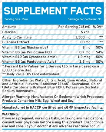 EVERBUILD Liquid Acetyl L-Carnitine + Guarana 1500 мг Ацетил Л-Карнитин и 80 мг Гуарана Екстракт - 495 мл, 33 дози