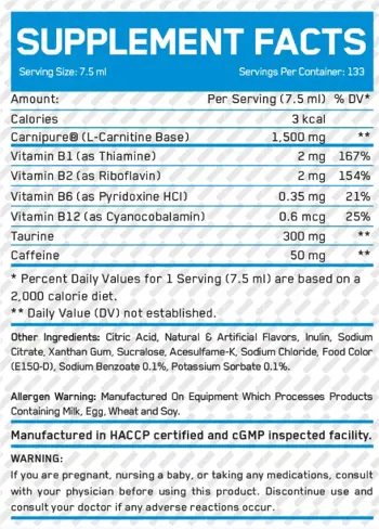 EVERBUILD Liquid L-Carnitine 200000 L-Карнитин с Кофеин и Таурин - 1000 мл, 133 дози