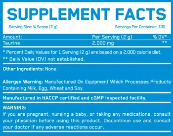 EVERBUILD Taurine 2000 мг Таурин на Прах - 200 грама, 100 дози