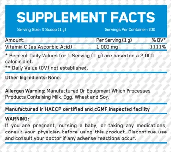 EVERBUILD Vitamin C Powder 1000 мг Витамин C на Прах - 200 грама, 200 дози