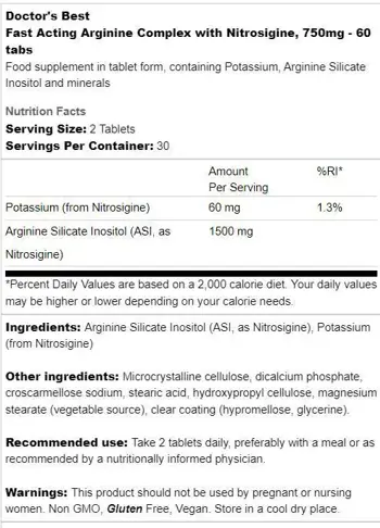 Doctor's Best Fast Acting Arginine Complex With Nitrosigine 750 mg За максимално напомпване и кръвен поток х 60 таблетки