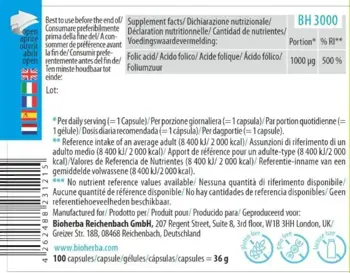 Bioherba Folic Acid (Vitamin B9) 1000 mcg Фолиева киселина за сърдечно здраве и пренатална грижа