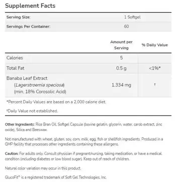 NOW Foods GlucoFit® Banaba Leaf Extract Специализирана Формула В Подкрепа на Въглехидратния Метаболизъм - 60 гел капсули, 60 дози