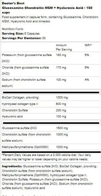 Doctor's Best Glucosamine Chondroitin MSM + Hyaluronic Acid За здрави стави и съединителна тъкан х 150 капсули