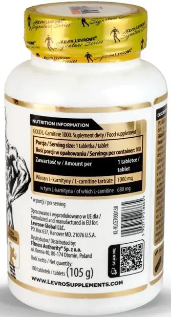 Kevin Levrone Gold Line L-Carnitine 1000 мг L-Карнитин Тартрат - 100 таблетки, 100 дози