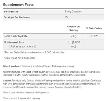 NOW Foods Goldenseal Root 500 мг Екстракт от Корен на Хидрастис - 50 веге капсули, 25 дози