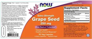 NOW Foods Grape Seed 250 мг Extra Strength Екстракт от Гроздови Семки - 90 веге капсули, 90 дози