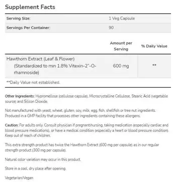 NOW Foods Hawthorn Extract 600 мг Extra Strength Глог Екстракт - 90 веге капсули, 90 дози