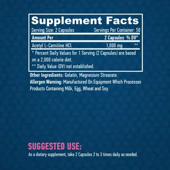 HAYA LABS Acetyl L-Carnitine 1000 мг (Ацетил Л-Карнитин) - 100 капсули, 50 дози