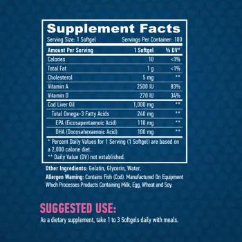 HAYA LABS Cod Liver Oil 1000 мг Рибено Масло От Треска - 100 гел капсули, 100 дози