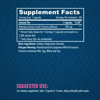 HAYA LABS Damiana Leaf Extract 500 мг Дамяна - 100 капсули, 50 дози