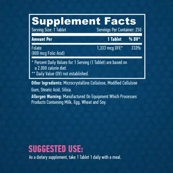 HAYA LABS Folic Acid 800 мкг Фолиева Киселина - 250 таблетки, 250 дози