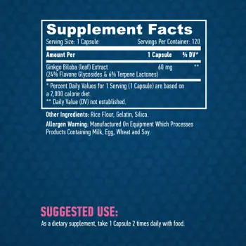 HAYA LABS Ginkgo Biloba 60 мг Гинко Билоба - 120 капсули, 60 дози