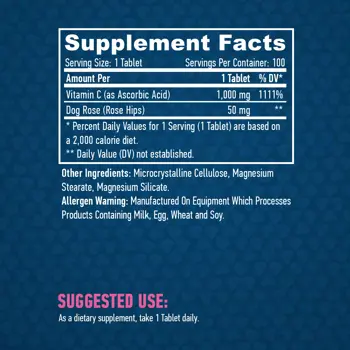 HAYA LABS High Potency Vitamin C 1000 мг with Rose Hips Витамин Ц с  Екстракт От Шипки - 100 таблетки, 100 дози