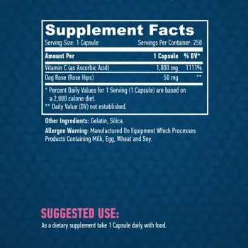 HAYA LABS High Potency Vitamin C 1000 мг with Rose Hips Витамин Ц с Екстракт От Шипки - 250 капсули, 250 дози