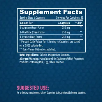 HAYA LABS L-Arginine / L-Ornithine / L-Lysine Л-Аргинин, Л-Орнитин, Л-Лизин - 100 капсули, 25 дози