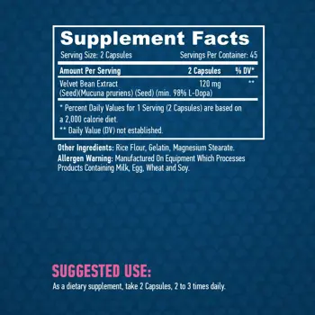 HAYA LABS L-DOPA /Mucuna Pruriens Extract 120 мг Екстракт От Мукуна Пруриенс 98% L-Допа - 90 капсули, 45 дози