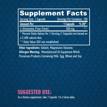 HAYA LABS L-Glutamine 500 мг Л-Глутамин - 100 капсули, 100 дози