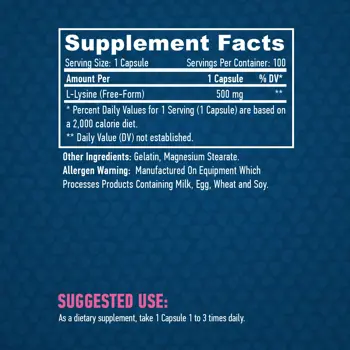 HAYA LABS L-Lysine 500 мг Л-Лизин - 100 капсули, 100 дози