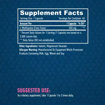 HAYA LABS L-Methionine 500 мг L-Метионин - 60 капсули, 30 дози