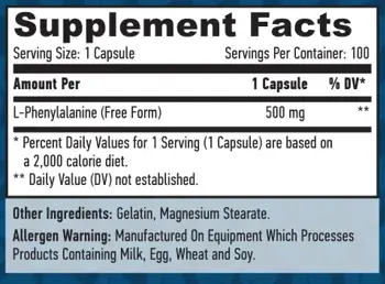 HAYA LABS L-Phenylalanine 500 мг L-Фенилаланин - 100 капсули, 100 дози