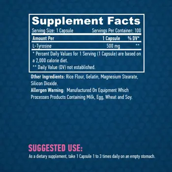HAYA LABS L-Tyrosine 500 мг Л-Тирозин - 100 капсули, 100 дози