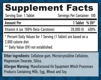 HAYA LABS Natural Beta Carotene 20000 IU Бeтa-Кapoтин - 100 таблетки, 100 дози