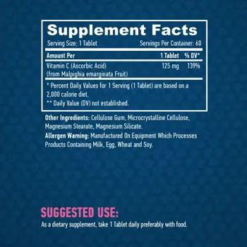 HAYA LABS Natural Vitamin C from Acerola Fruit 125 мг Натурално Витамин С от Ацерола - 60 таблетки, 60 дози