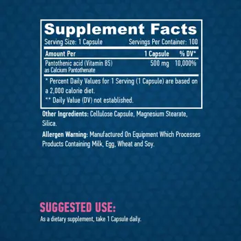 HAYA LABS Pantothenic Acid 500 мг Пантотенова киселина - 100 вег капсули, 100 дози