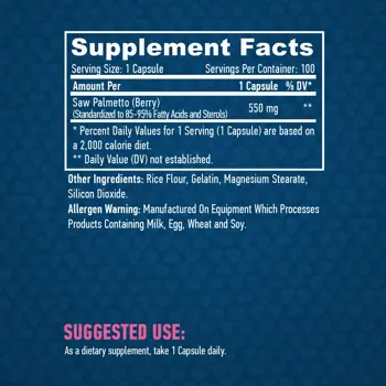 HAYA LABS Saw Palmetto 550 мг Cao Πaлмeтo - 100 капсули, 50 дози