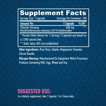 HAYA LABS Siberian Ginseng 500 мг Екстракт От Сибирски Женшен -  100 капсули, 100 дози